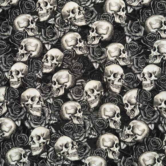 Grayscale Skulls & Roses Cotton Fabric - 7/8 Yard - Halloween - Picture 1 of 6